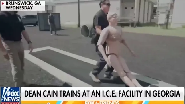 Cain dragging an immigrant mannequin to be deported
